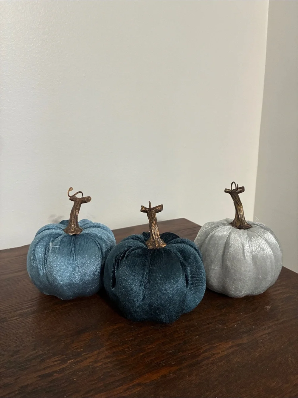 NWT Set of 3- Velvet Pumpkins- Dark Blue, Silver, Teal Fall Holiday Decorations